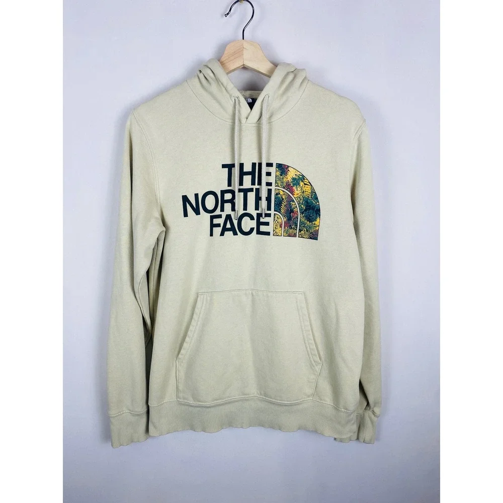 The North Face Mens Floral‎ Graphic Logo Hoodie Beige Khaki Pullover Small